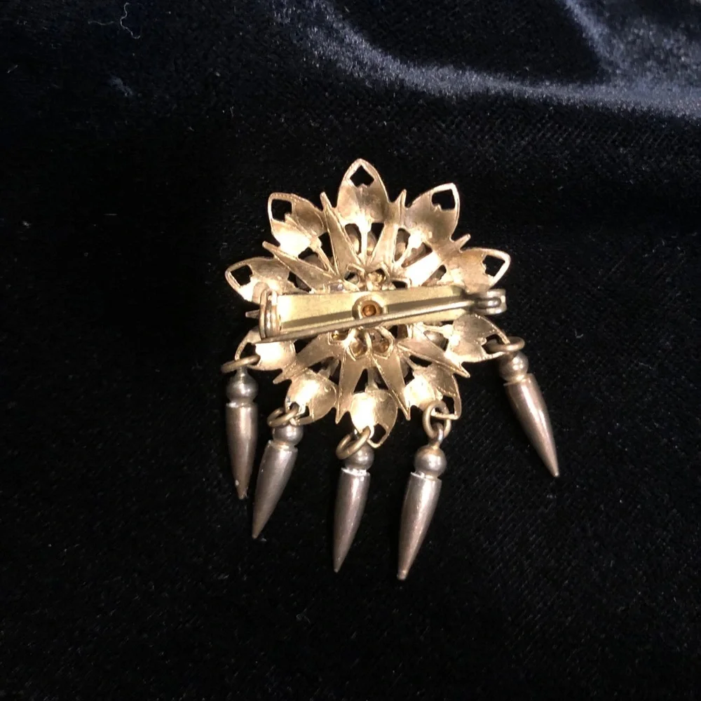 Antique Brass and Rhinestone Brooch